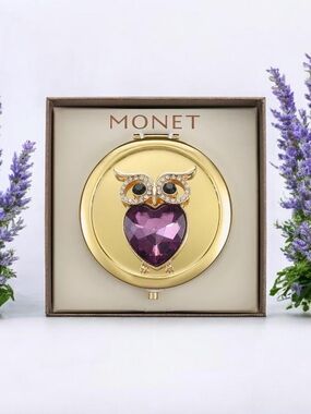 NEW Monet Jewelry Gold Tone Owl Snap Compact Mirror with Box 2.75" New with tags